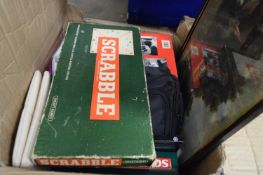 ONE BOX MIXED BOARD GAMES, SCRABBLE DICTIONARY, TABLE PROTECTOR ETC