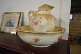 FLORAL DECORATED WASHBOWL, JUG AND SOAP DISH