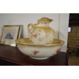 FLORAL DECORATED WASHBOWL, JUG AND SOAP DISH