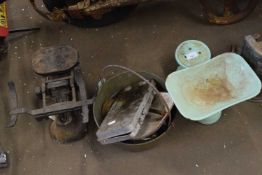 MIXED LOT : TWO PAIRS VINTAGE KITCHEN SCALES, BRASS PAN, SOCKET SET ETC