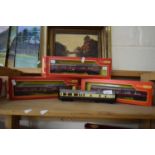 TRIANG HORNBY MODEL RAILWAYS, THREE BOXED COACHES PLUS ONE FURTHER LOOSE