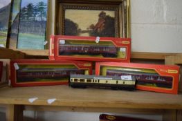 TRIANG HORNBY MODEL RAILWAYS, THREE BOXED COACHES PLUS ONE FURTHER LOOSE