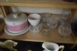 MIXED LOT : COVERED CHEESE DISH PLUS VARIOUS CONDIMENT POTS, GLASS WARES ETC