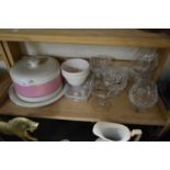 MIXED LOT : COVERED CHEESE DISH PLUS VARIOUS CONDIMENT POTS, GLASS WARES ETC