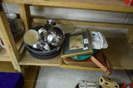 MIXED LOT : SMALL LEATHER BAG, VARIOUS KITCHEN WARES, FRAMED SILK PICTURE ETC