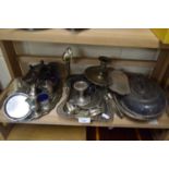 QUANTITY OF PLATED WARES, TUREENS, SERVING DISHES, VASES ETC