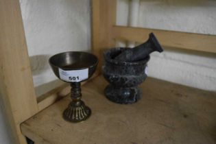 MODERN SMALL ONYX MORTAR AND PESTLE AND SMALL BRASS CHALICE
