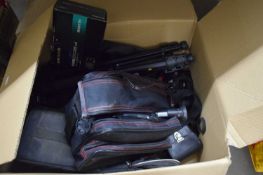 ONE BOX VARIOUS SLR CAMERAS, TRIPOD, PANASONIC VIDEO CAMERA ETC