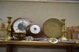 MIXED LOT : WALL CLOCK, BAROMETER, BRASS GONG, CANDLESTICKS, HORSE BRASSES ETC