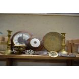 MIXED LOT : WALL CLOCK, BAROMETER, BRASS GONG, CANDLESTICKS, HORSE BRASSES ETC