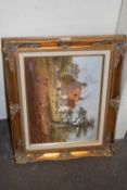 H TAYLOR, STUDY OF FARMHOUSE WITH POULTRY, OIL ON CANVAS, GILT FRAMED