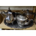 SILVER PLATED TRAY WITH TEA POT, COFFEE POT, SUGAR BOWL ETC