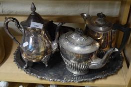 SILVER PLATED TRAY WITH TEA POT, COFFEE POT, SUGAR BOWL ETC