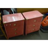 PAIR OF PINK FABRIC COVERED THREE DRAWER BEDSIDE CABINETS