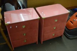 PAIR OF PINK FABRIC COVERED THREE DRAWER BEDSIDE CABINETS