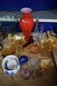 MIXED LOT VARIOUS DECORATED VASES TO INCLUDE CARNIVAL GLASS, CERAMICS ETC