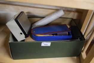 BOX CONTAINING MODEL RAILWAY TRACK, SMALL RADIO AND OTHER ITEMS