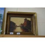 OIL ON BOARD, STUDY RIVERSIDE COTTAGE, TOGETHER WITH A NEEDLEWORK PICTURE DATED 1989 (2)