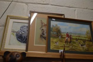 THREE PRINTS OF CATS, DOGS, HUNTING SCENE