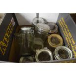 BOX OF GLASS KITCHEN STORAGE JARS