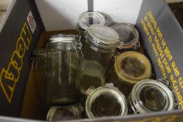 BOX OF GLASS KITCHEN STORAGE JARS