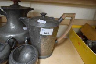 PEWTER WARE HOMELAND TEA SET COMPRISING TEA POT, COFFEE POT, MILK JUG, SUGAR BOWL ETC, SOME ALSO