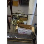 BRASS FRAMED MIRRORED FIRE SCREEN AND QUANTITY OF FIRE TOOLS