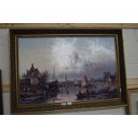 CONTINENTAL OLEOGRAPH PRINT, RIVER SCENE, GILT FRAMED