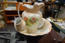 ROSE DECORATED WASH BOWL, JUG, SOAPDISH AND TOOTHBRUSH MUG