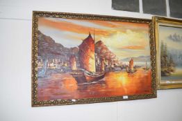 THOMAS, CONTEMPORARY STUDY OF HONG KONG HARBOUR, OIL ON BOARD, GILT FRAMED