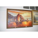 THOMAS, CONTEMPORARY STUDY OF HONG KONG HARBOUR, OIL ON BOARD, GILT FRAMED