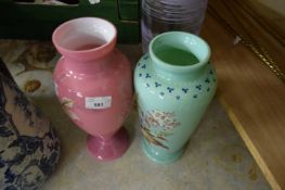 TWO VICTORIAN OPAQUE GLASS VASES DECORATED WITH FLOWERS