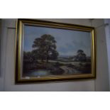 CONTEMPORARY COLOURED PRINT, RURAL SCENE WITH COTTAGE, GILT FRAMED
