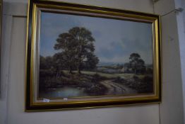 CONTEMPORARY COLOURED PRINT, RURAL SCENE WITH COTTAGE, GILT FRAMED