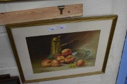 COLOURED PRINT, STILL LIFE OF PEACHES AND A BRASS JUG, F/G