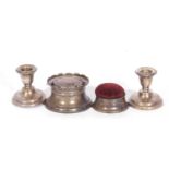 Mixed Lot: a pair of silver dwarf candlesticks with beaded edges and stepped loaded bases,