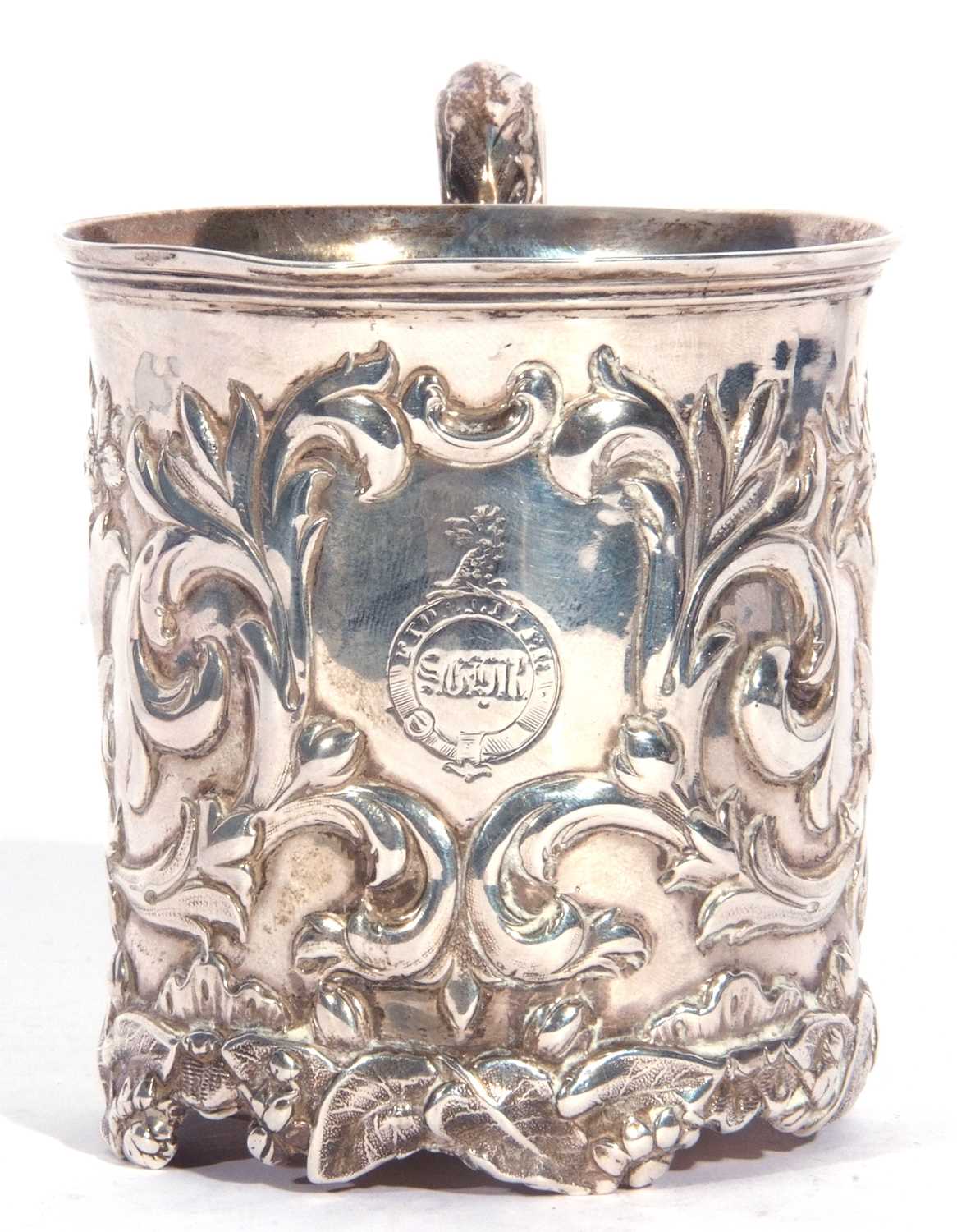 Scottish silver mug of cylindrical form, elaborately embossed with flowers and scrolls around an - Image 2 of 6