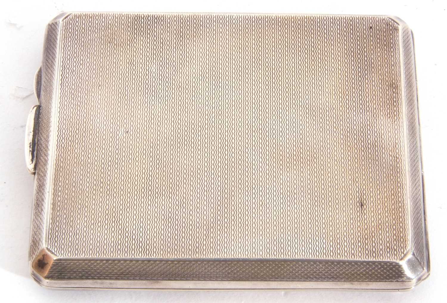 George VI silver cigarette case of rectangular form with a plain corner set cartouche, engine turned - Image 2 of 3