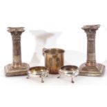 Mixed Lot: pair of silver dwarf candlesticks on square bases with beaded edge, the fluted centre