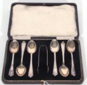Cased George VI set of tea spoons and tongs comprising six spoons and a pair of tongs, Birmingham