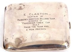 George V silver cigarette case of shaped rectangular form, engraved "E Claxton, Captain of