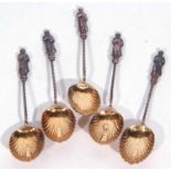 Set of five late Victorian apostle coffee spoons with twist stems and fully gilt shell bowls, London