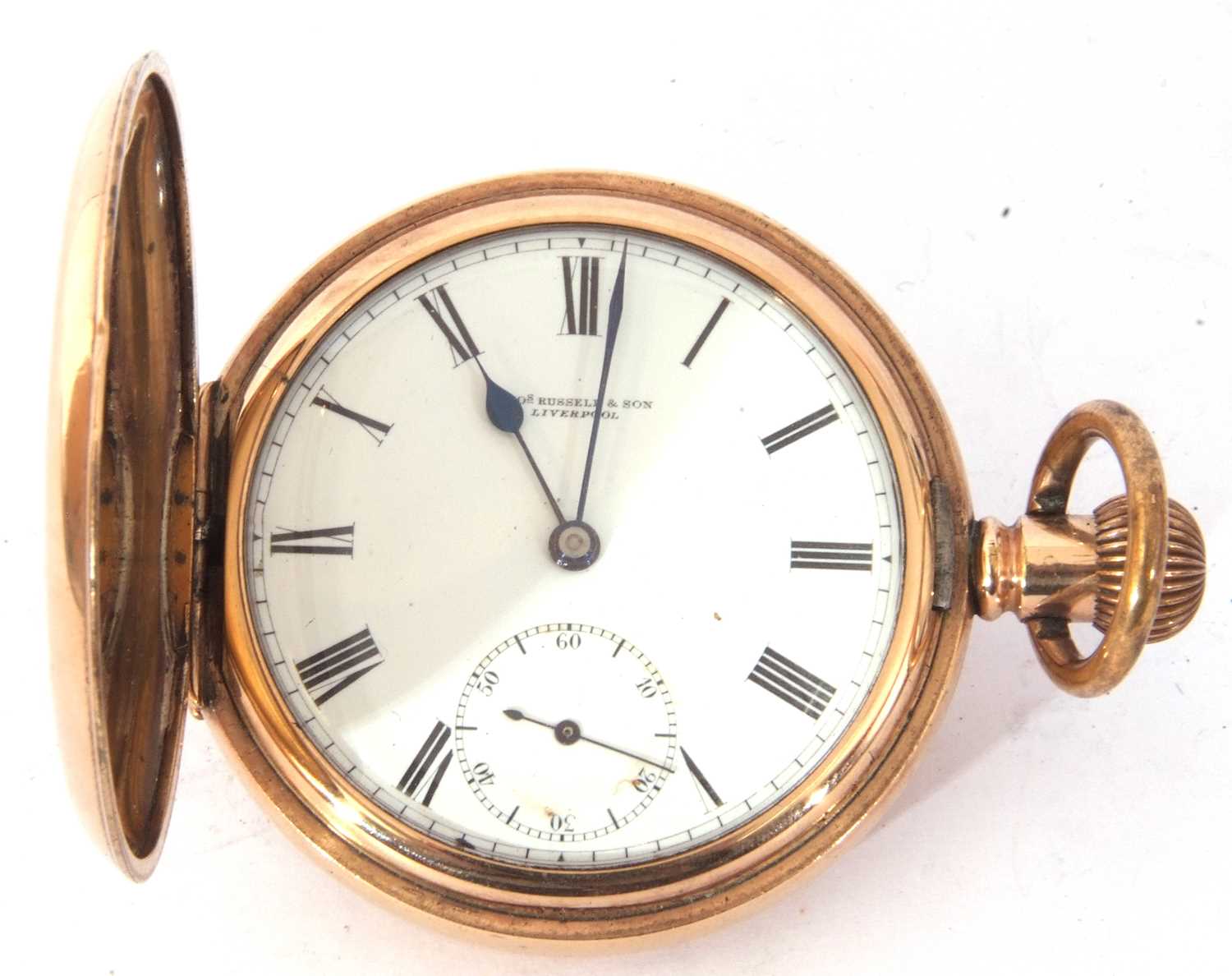 A Thomas Russell & Sons of Liverpool, gold plated hunter pocket watch, white enamel dial with