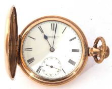 A Thomas Russell & Sons of Liverpool, gold plated hunter pocket watch, white enamel dial with