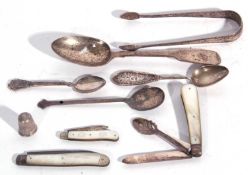 Mixed Lot: Victorian silver Fiddle pattern dessert spoon, London 1845, a mother of pearl and