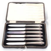 Cased set of six fruit knives with silver sleeved handles, dated Sheffield 1924, maker's mark C.W.