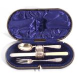 Cased christening set comprising a Victorian fork and spoon, London 1889 and Sheffield 1888, a