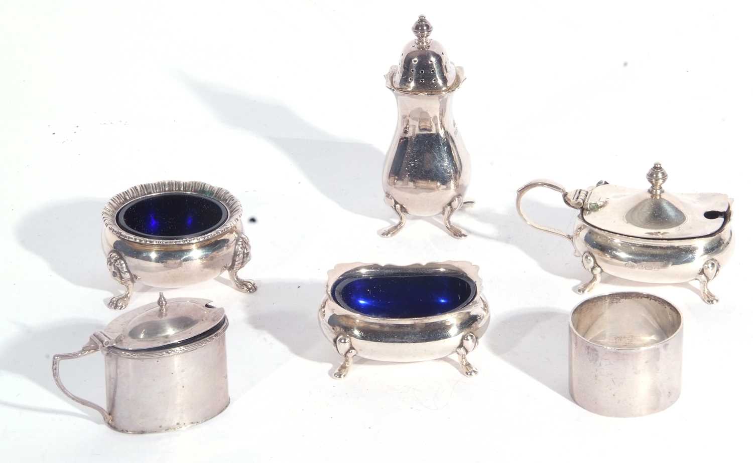 Mixed Lot: three piece condiment set comprising pepper, open salt and hinged lidded mustard with