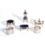 Mixed Lot: three piece condiment set comprising pepper, open salt and hinged lidded mustard with