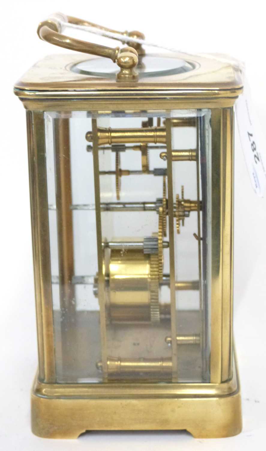 First quarter of the 20th century large French brass and glass panelled carriage clock of plain - Image 7 of 7